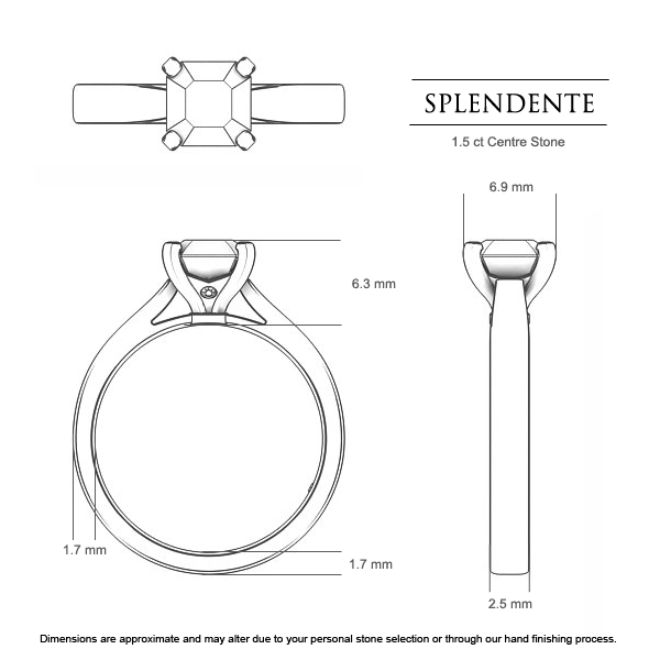Asscher Diamond Rings Platinum 950 Splendente - Dimensions