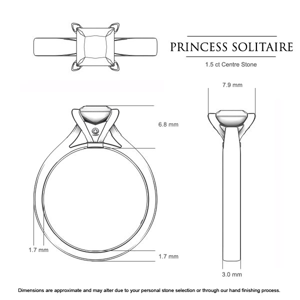 Princess Engagement Rings Platinum 950 Princess Solitaire - Dimensions