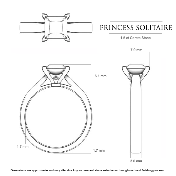 Princess Diamond Rings White Gold Princess Solitaire - Dimensions