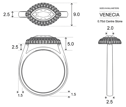 Marquise Diamond Rings Platinum 950 Venecia - Dimensions