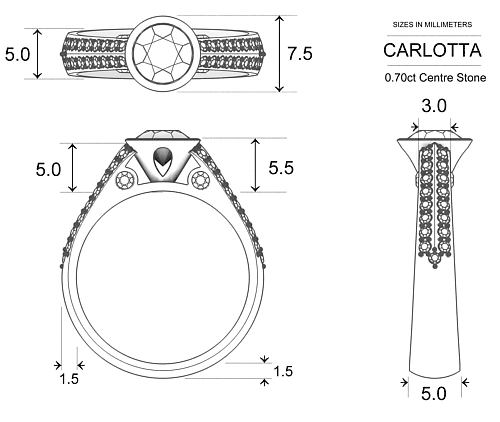 Diamond Rings Platinum 950 Carlotta - Dimensions