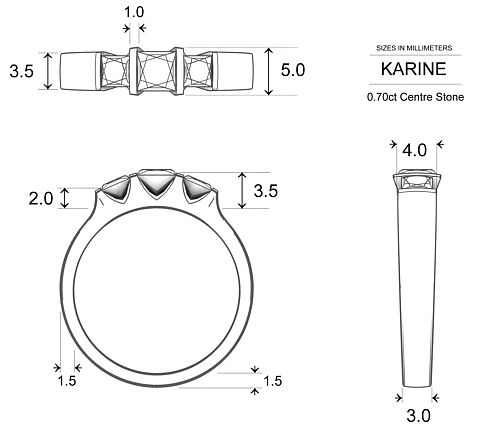 Princess Diamond Rings Platinum 950 Karine - Dimensions