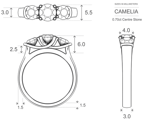 Diamond Rings Platinum 950 Camelia - Dimensions