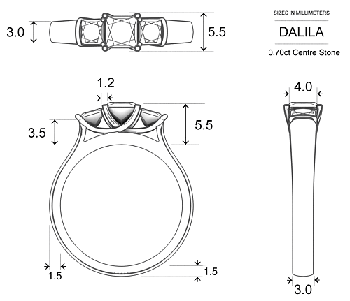 Princess Diamond Rings Platinum 950 Dalila - Dimensions