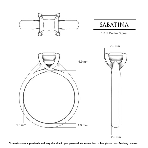 Princess Engagement Rings Platinum 950 Sabatina - Dimensions