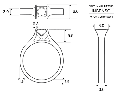 Princess Diamond Rings Platinum 950 Incenso - Dimensions