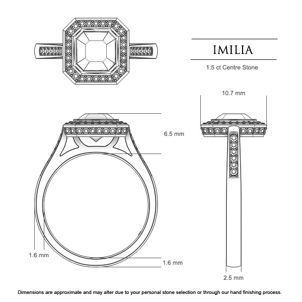 Asscher Diamond Rings White Gold Imilia - Dimensions